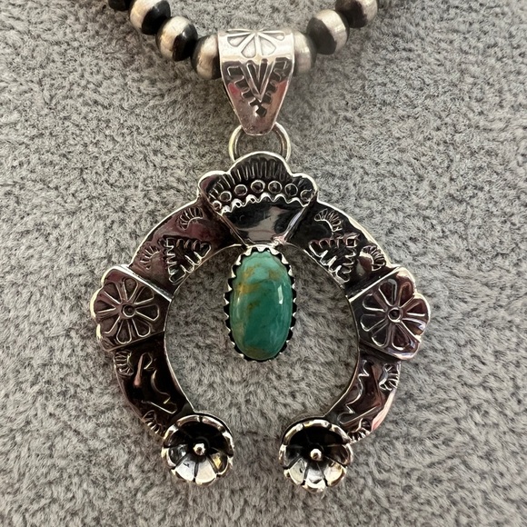 ❤️ Kingman Turquoise Navajo Sterling Silver Decorative NAJA Pendant 12.1G - 2”L - Picture 3 of 16